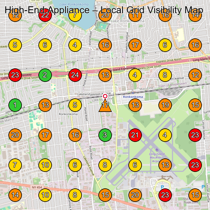 High-End Appliance Appliance Repair Service GeoGrid ranking map for Ronkonkoma NY